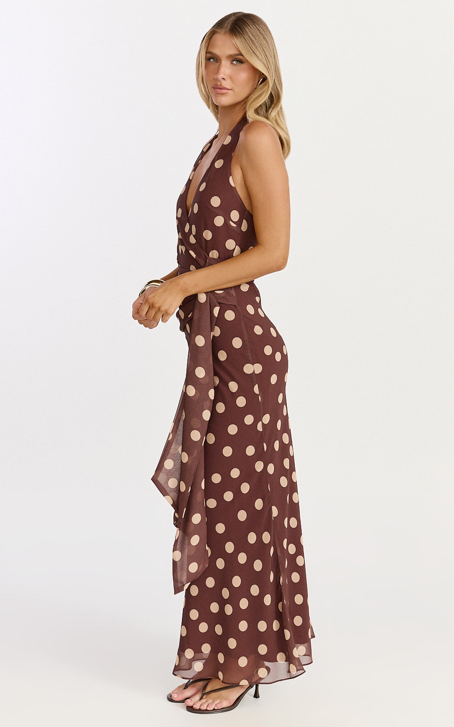 Nola Midi Dress - Polkadot Halter Dress in Choc Polka