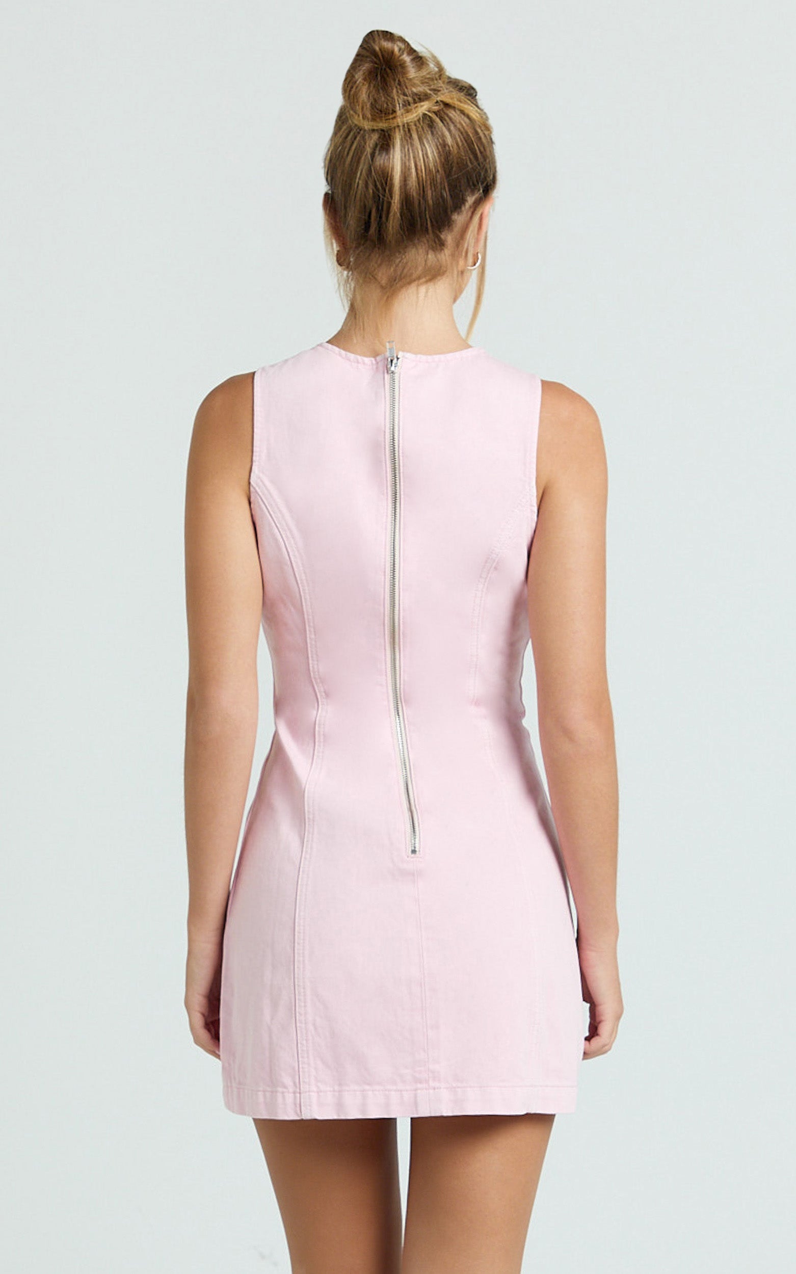 Olenna Mini Dress - High Neck Fitted Denim Dress in Pink