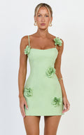 Ondine Mini Dress - 3D Floral Strappy Dress in Apple Green