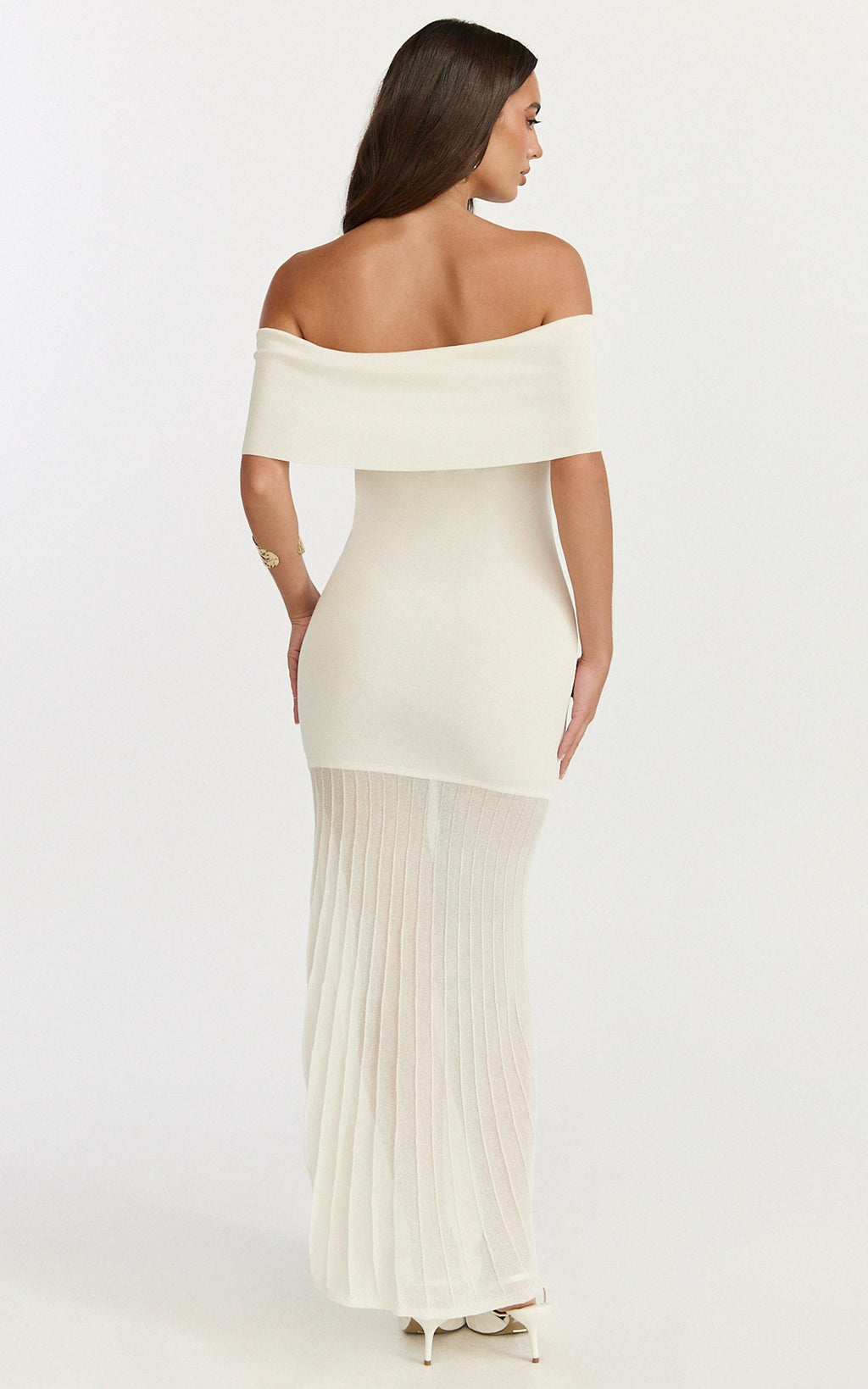 Paige Maxi Dress - Off The Shoulder Pleated Skirt Dress in White