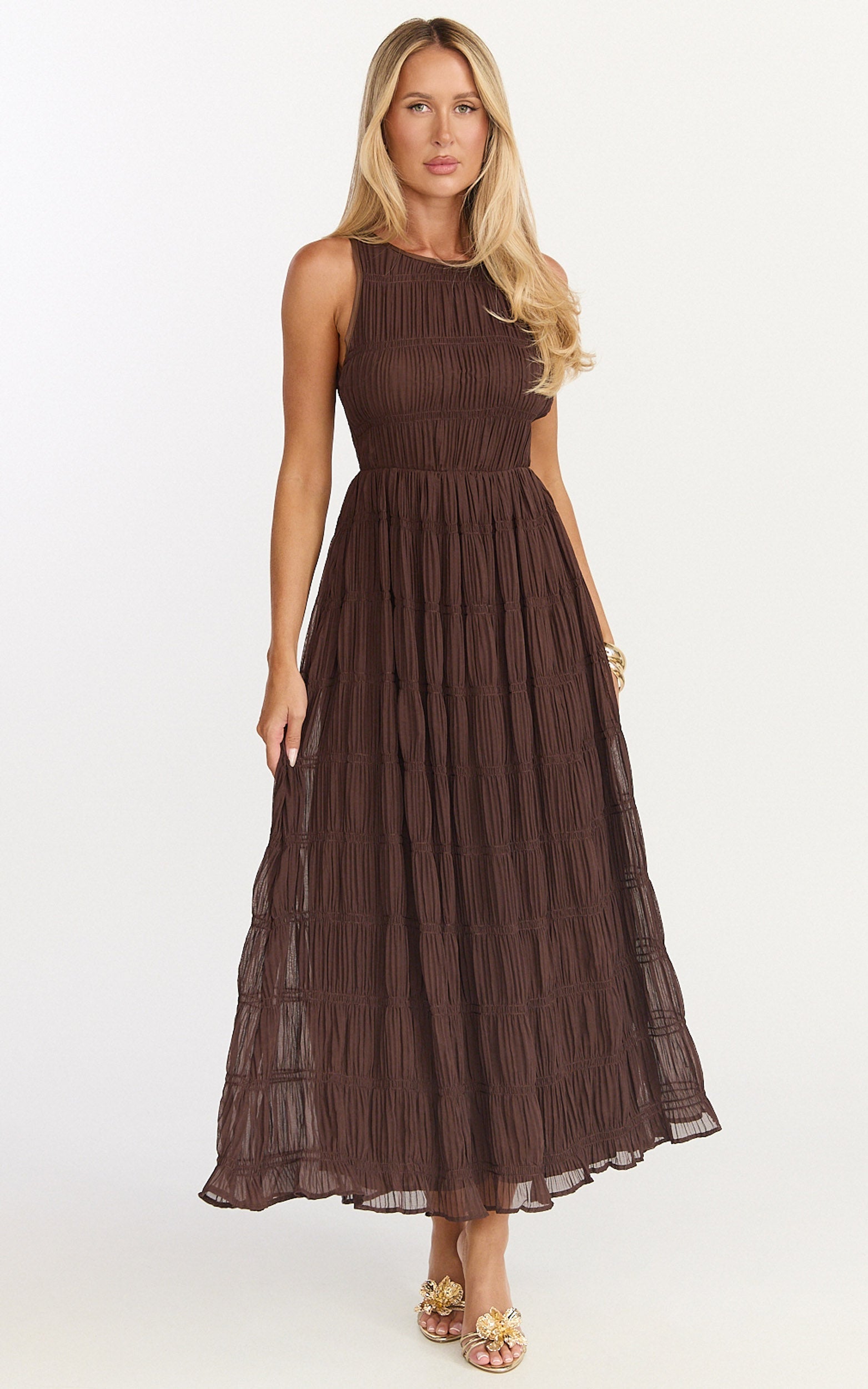 Paloma Midi Dress - Ruched Shift Dress in Chocolate