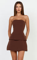 Pauline Two Piece Top and Skirt Set - Strapless A Line Top and Mini Skirt Set in Chocolate