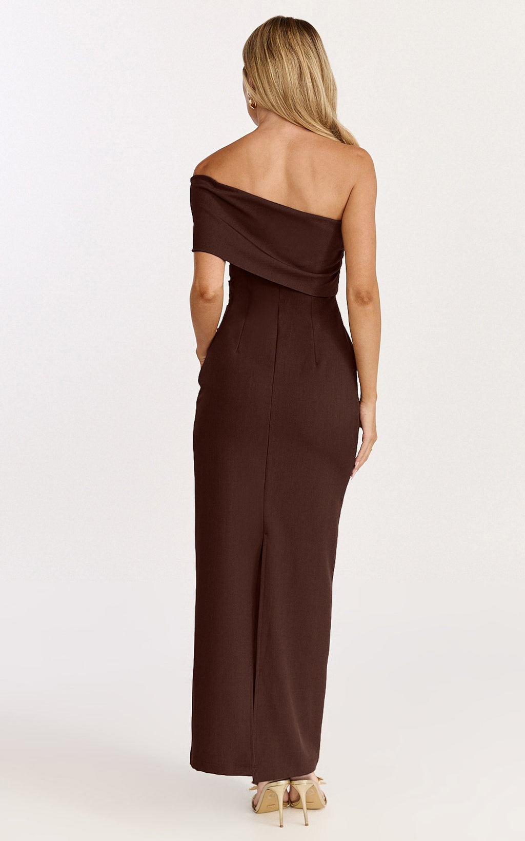Pearce Maxi Dress - Gathered One Sleeve Bodycon Dress in Brown