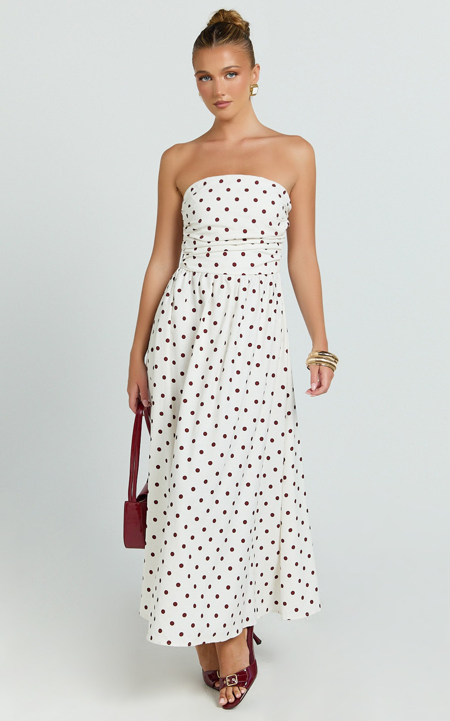 Polly Midi Dress - Strapless Ruched Dress in Red Polka Dot