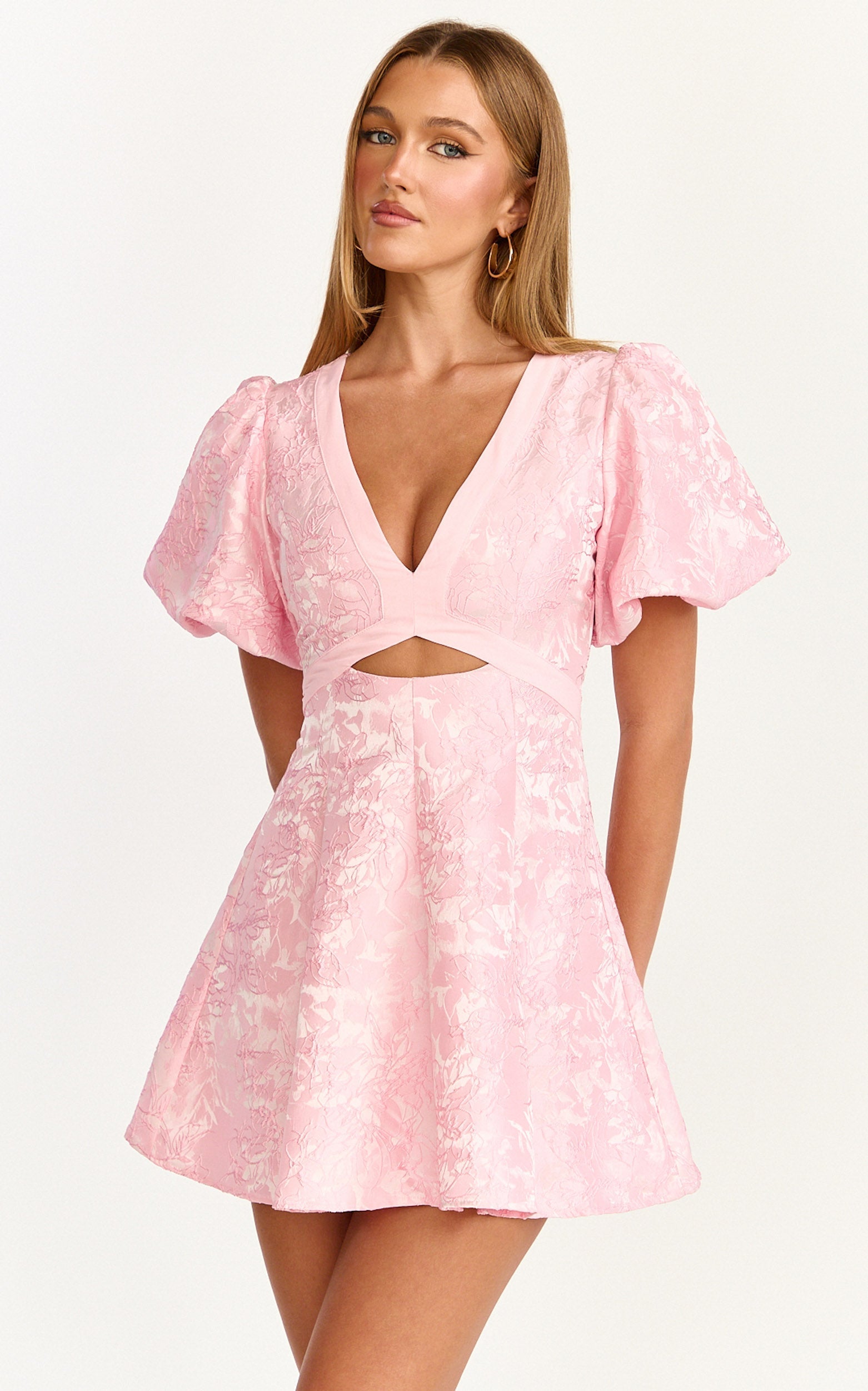 Rosalie Mini Dress - Floral Jacquard V Neck Fit and Flare Dress in Pink