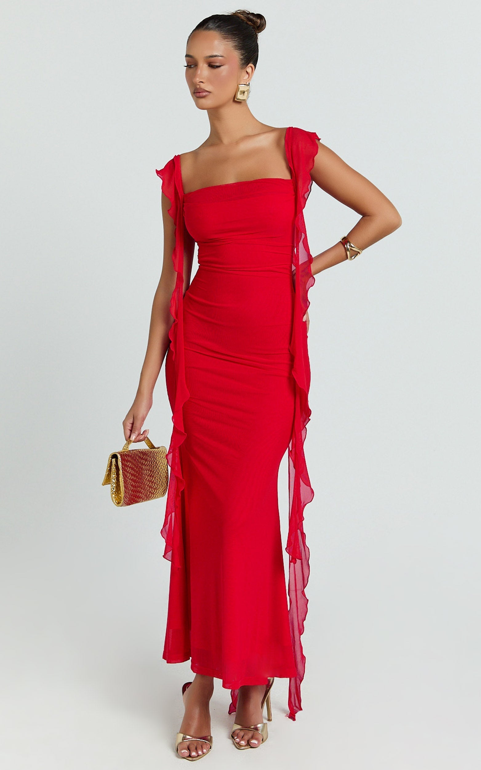 Rosha Midi Dress - Ruffle Strap Dress in Red