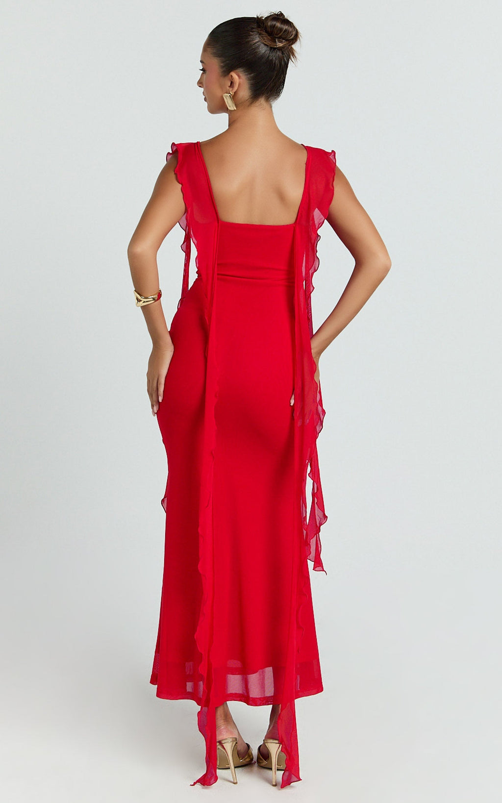 Rosha Midi Dress - Ruffle Strap Dress in Red