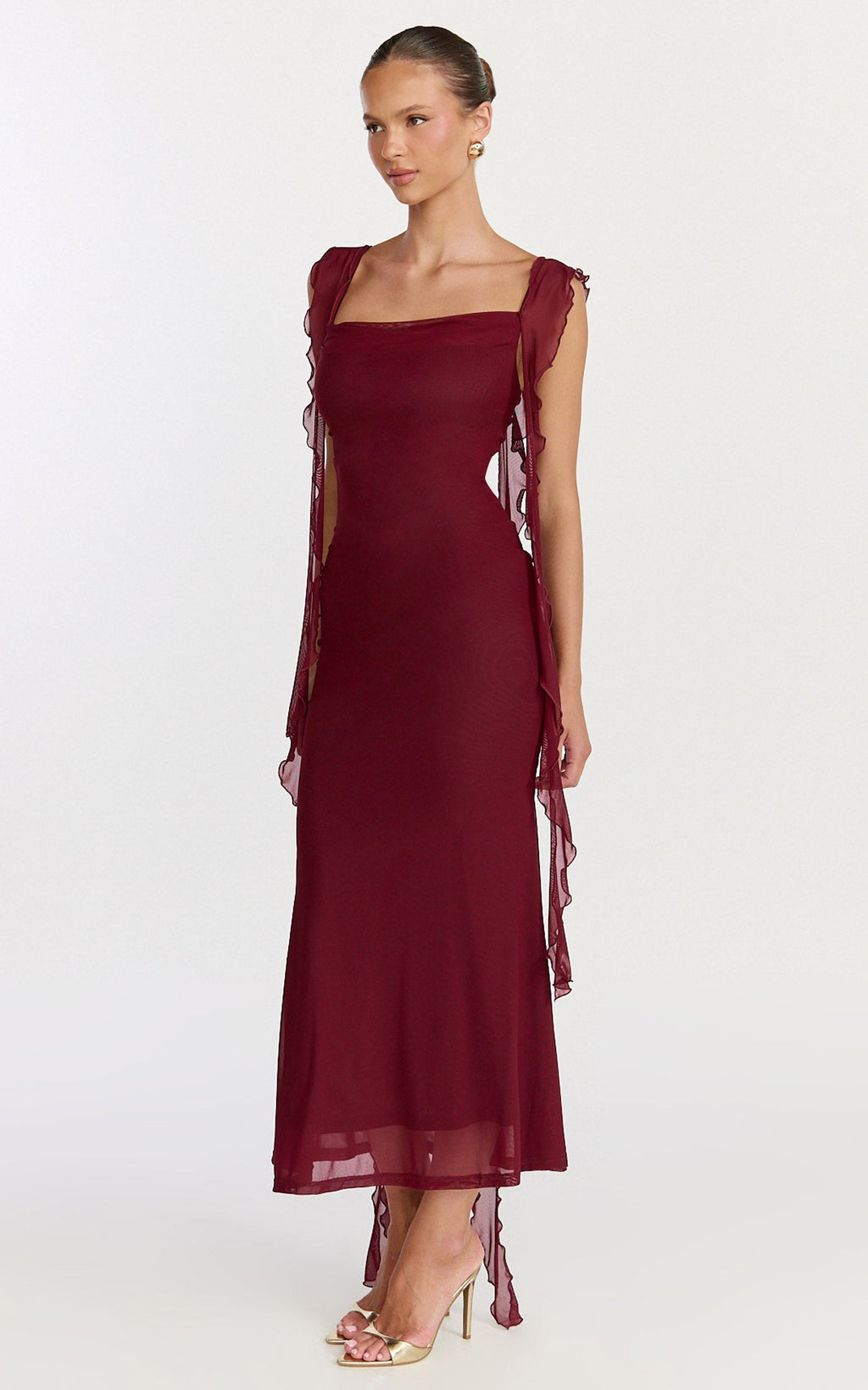 Rosha Midi Dress - Ruffle Strap Dress in Wine