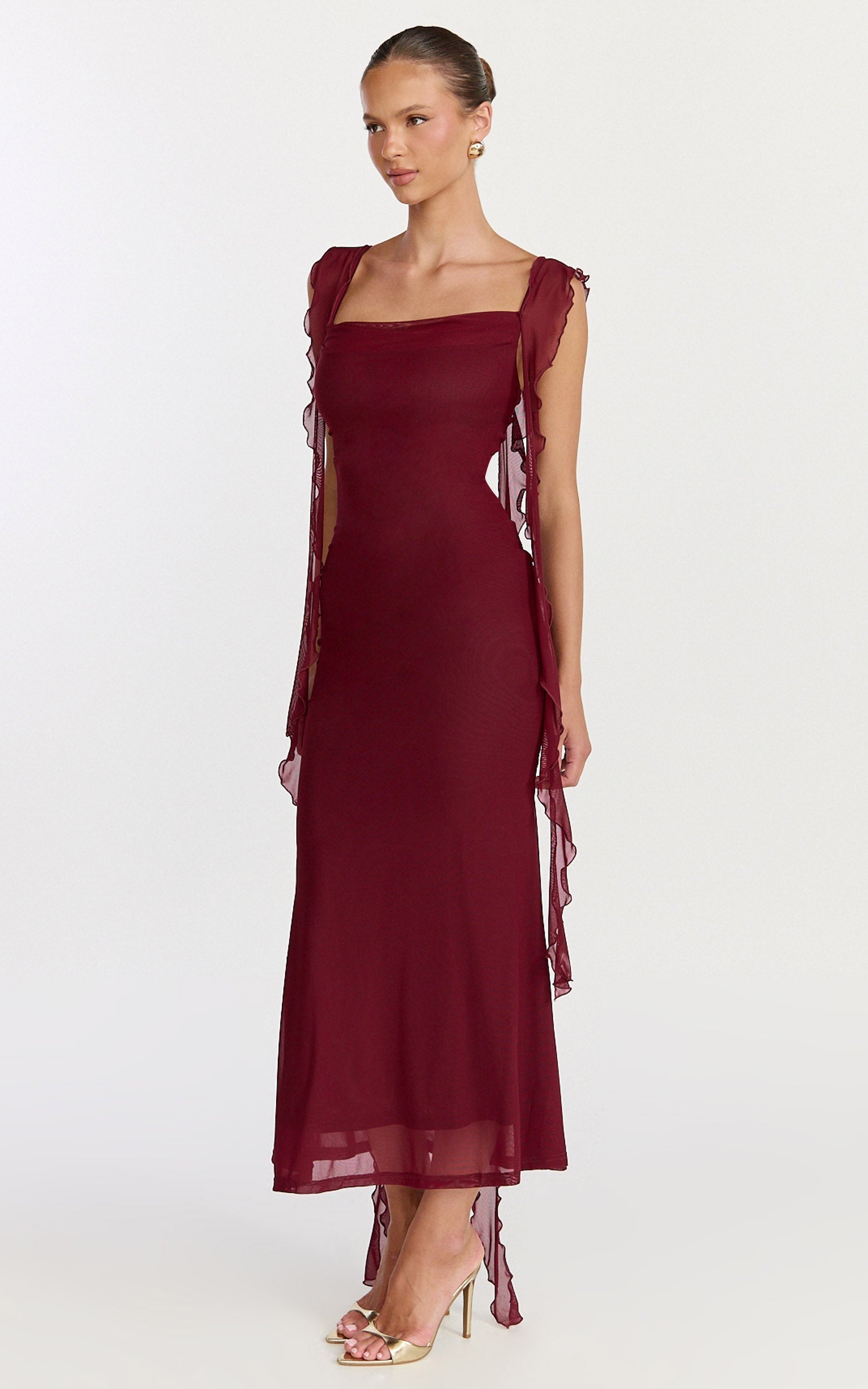 Rosha Midi Dress - Ruffle Strap Dress in Wine