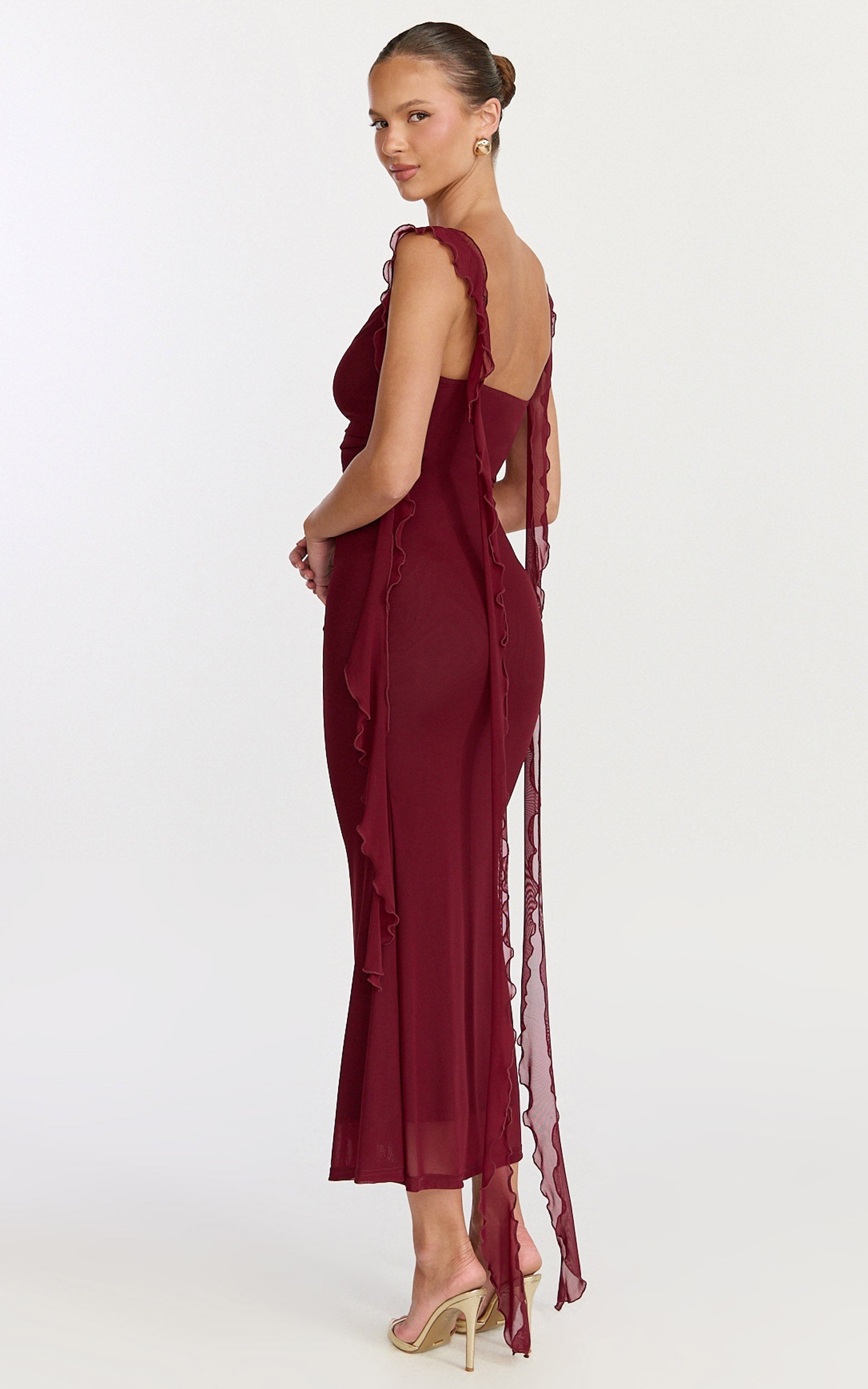 Rosha Midi Dress - Ruffle Strap Dress in Wine