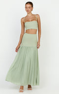 Rowan Two Piece Top and Skirt Set - Square Neck Crop Top and High Waist Pleated Maxi Skirt Set in Sage