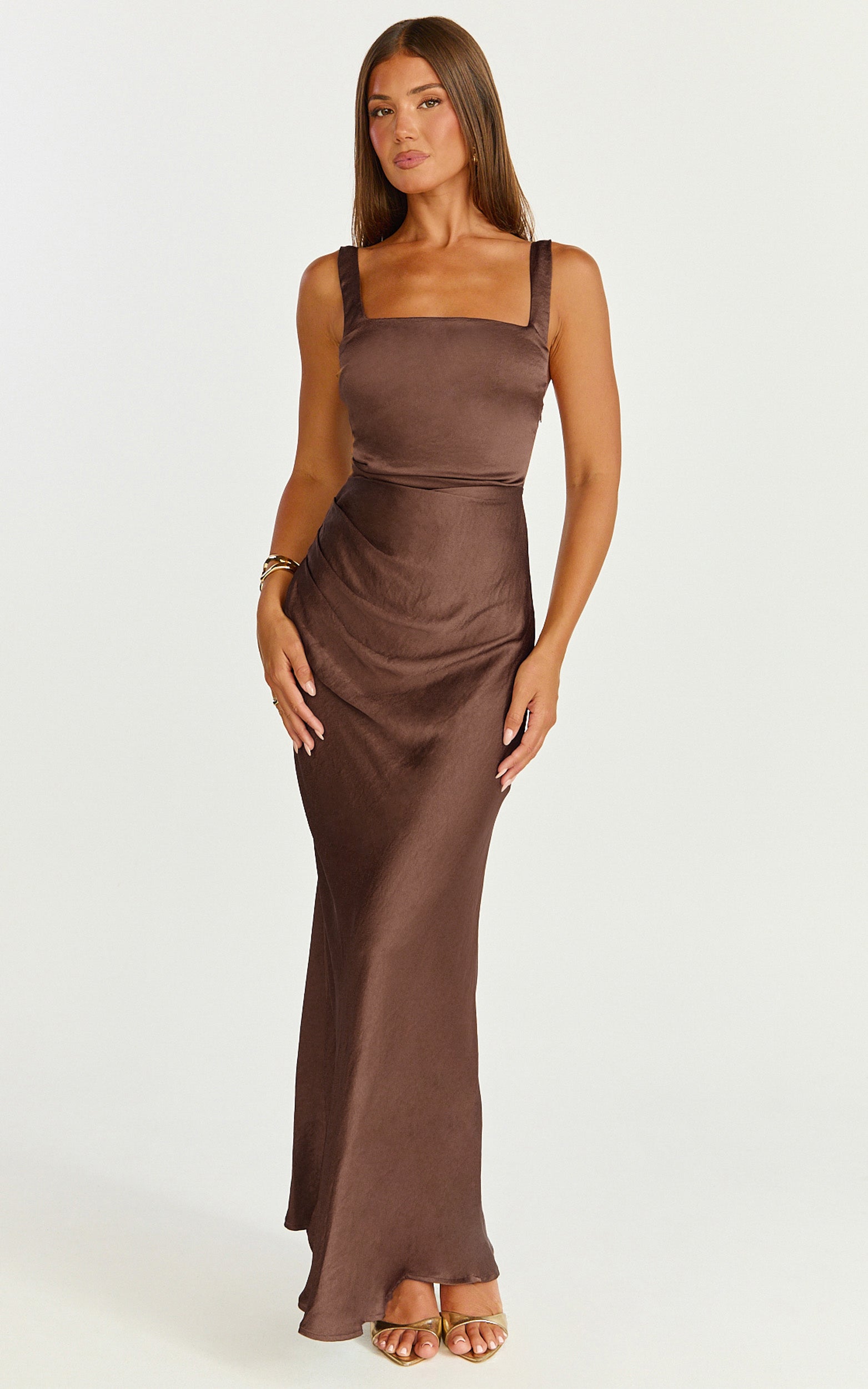 Rumi Maxi Dress - Ruched Bodice Satin Dress in Chocolate
