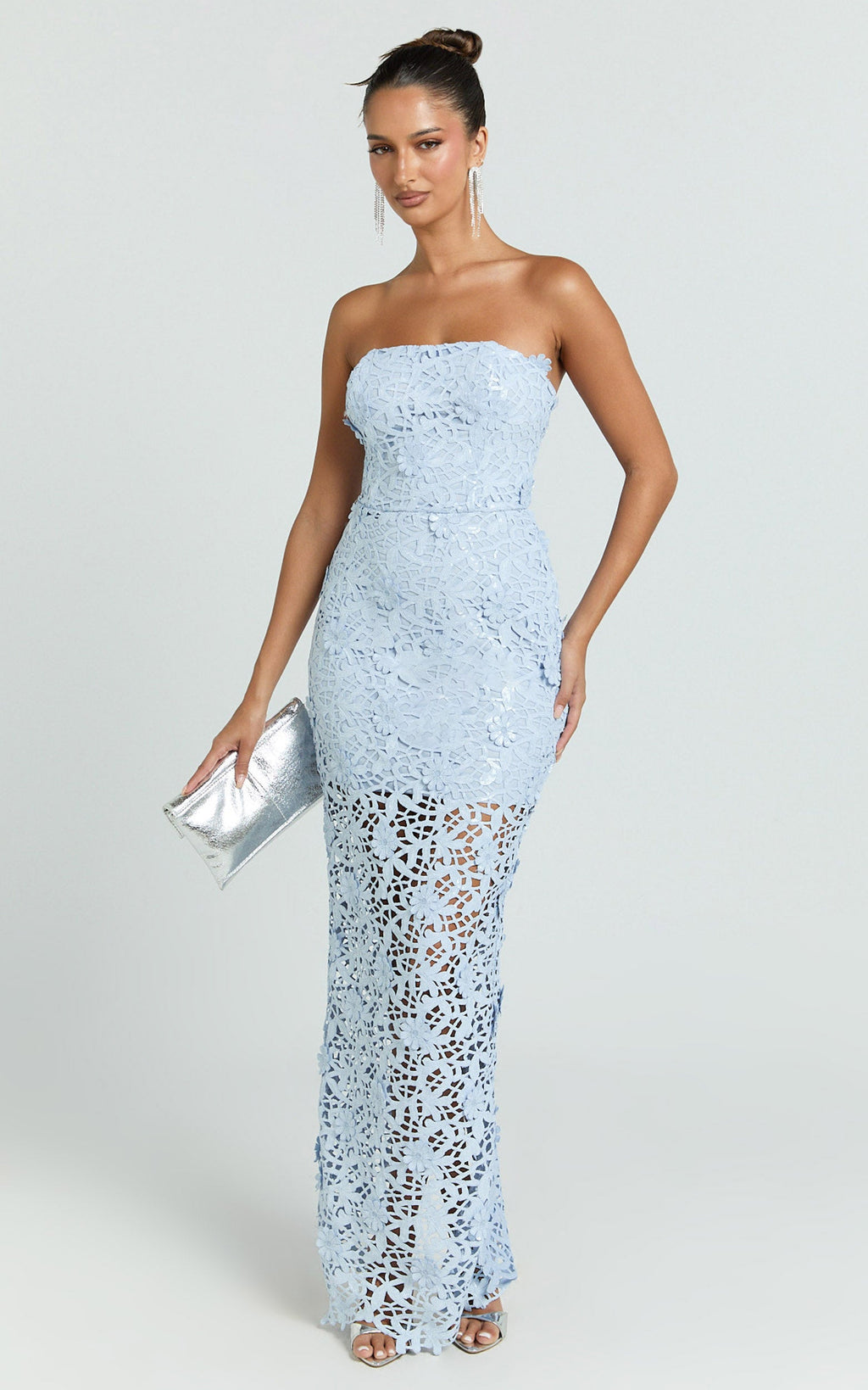 Sabine Maxi Dress - 3D Sequin Floral Strapless in Sky Blue
