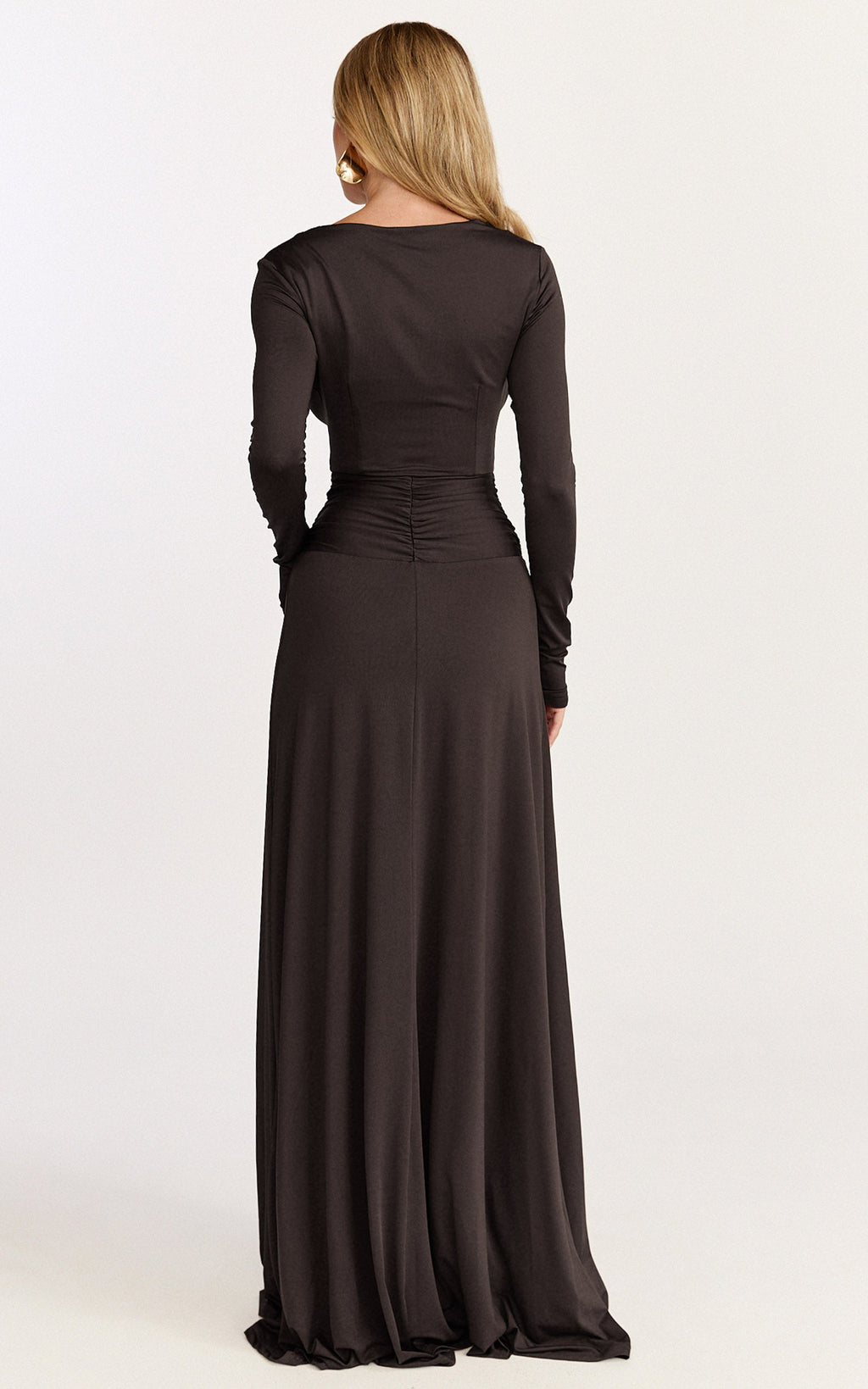 Sahara Maxi Dress - Long Sleeve Cut Out Gold Trim Dress in Chocolate