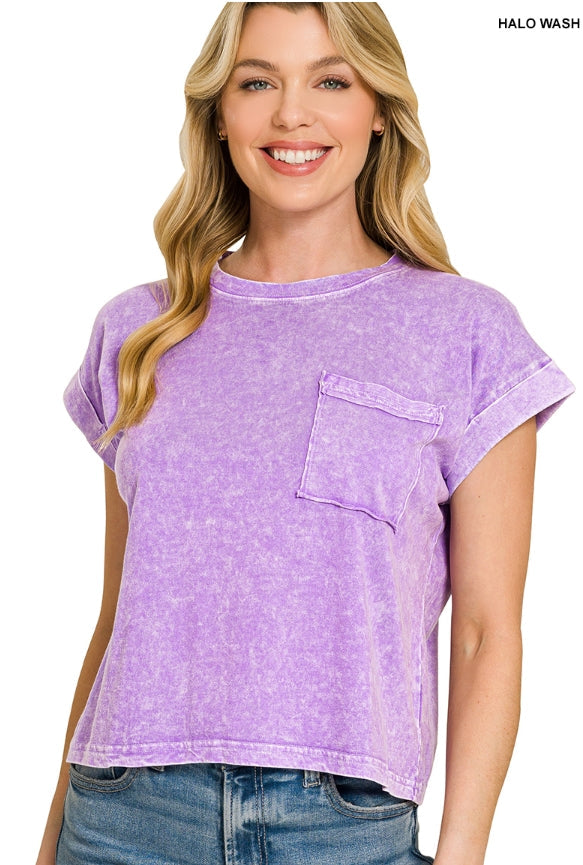 Halo snow washed cotton cuffed short sleeve top