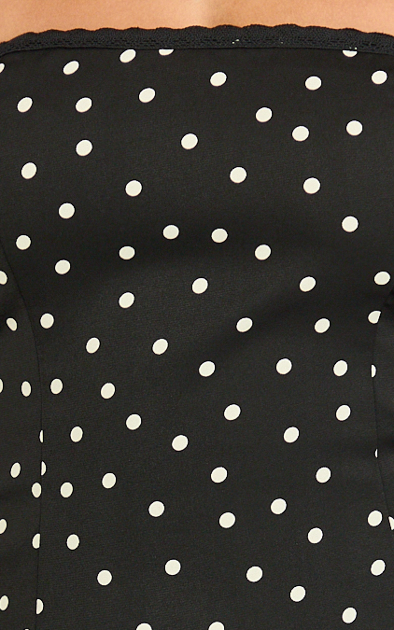 Seraphina Midi Dress - Polka Dot Strapless Lace Neck Gathered Mermaid Skirt Dress in Black Polka Dot