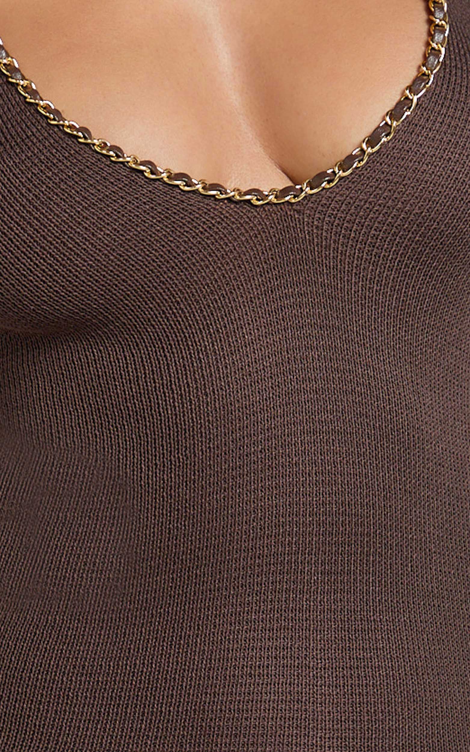 Shailene Mini Dress  - Chain Strap V Neck Knitted Dress in Chocolate