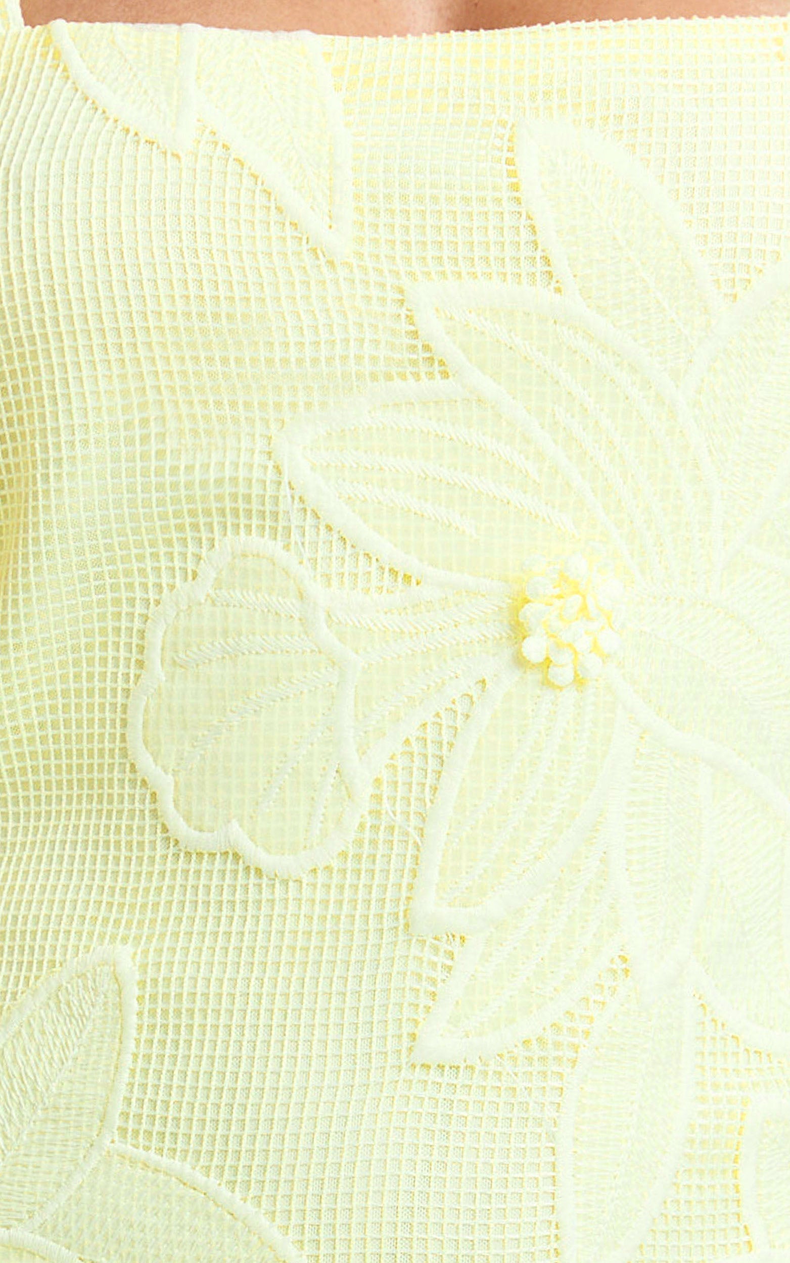 Sienna Mini Dress - Square Neck Floral Embroidered A Line Dress in Lemon