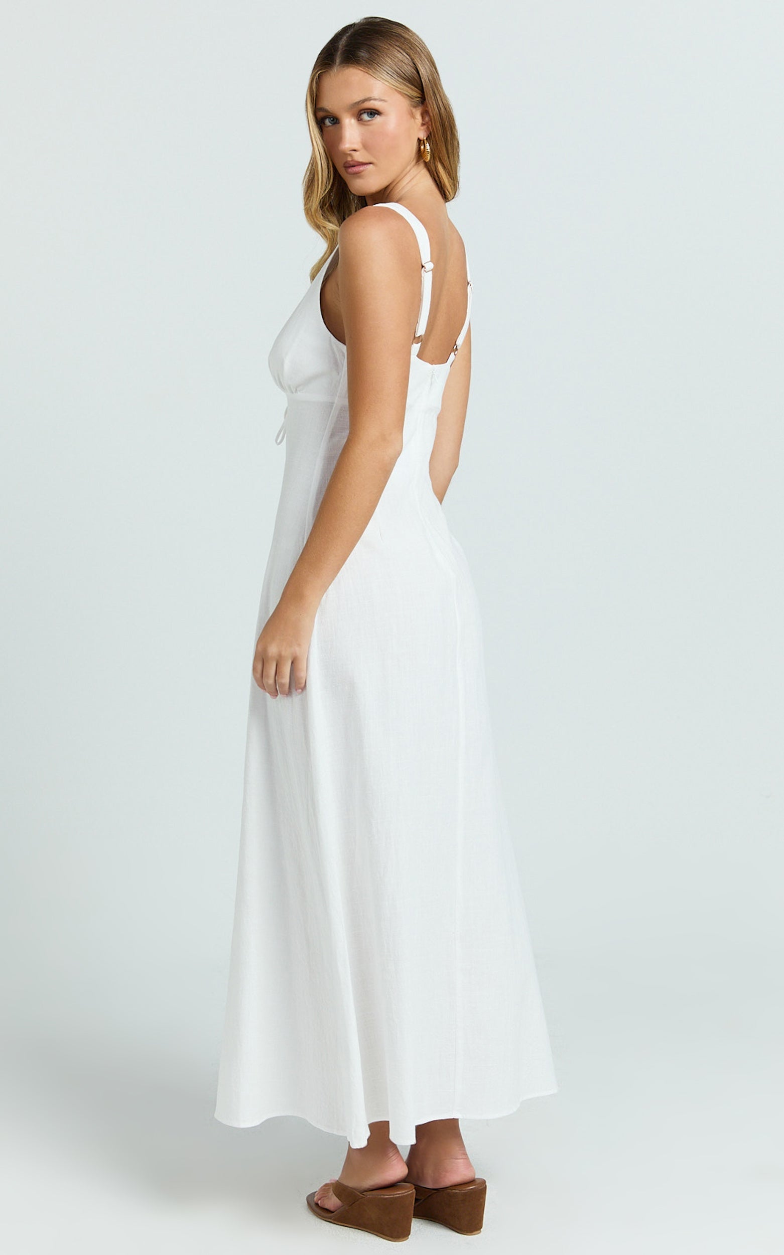 Silvena Midi Dress - Plunge Neckline Tie Front A Line Dress in White