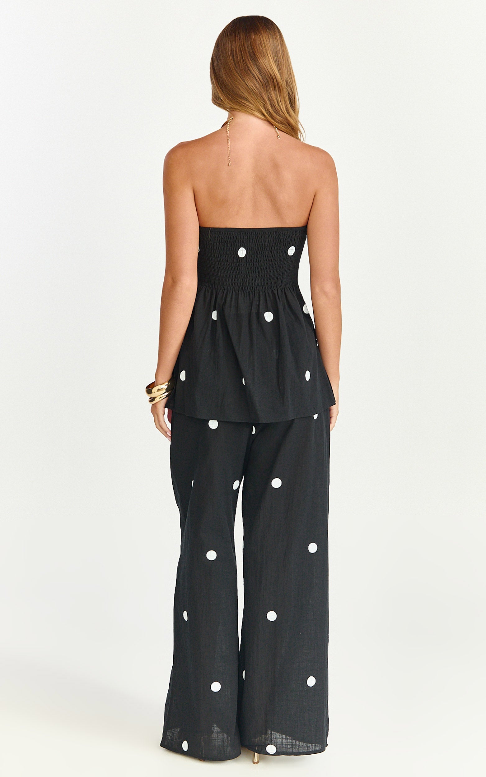 Skye Two Piece Set - Strapless Longline Top and Pant Set in Black Polka Dot