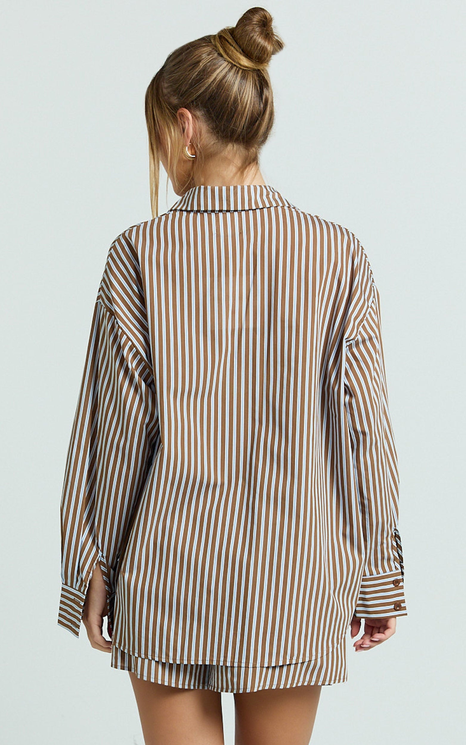 Talia Naomi Two Piece Set - Shirt and Short Set in Brown Stripe