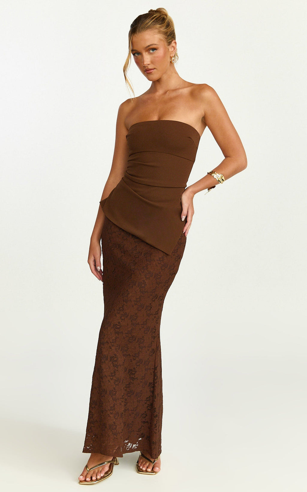 Talia Two Piece Top and Skirt Set - Strapless Top and Lace Maxi Skirt Set in Chocolate