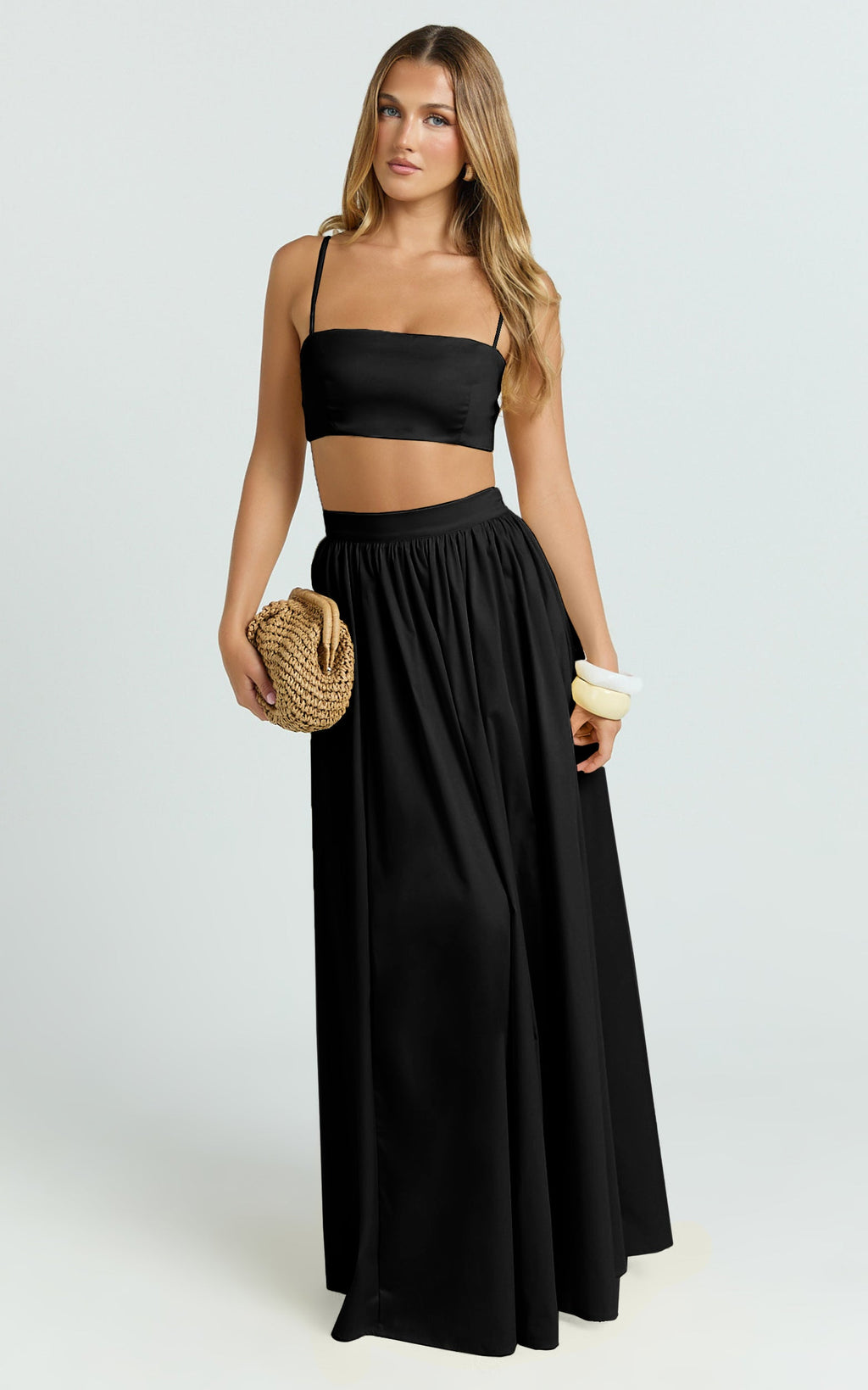 Tegan Two Piece Set - Straight Neck Micro Crop Top and A Line Maxi Skirt Set in Black