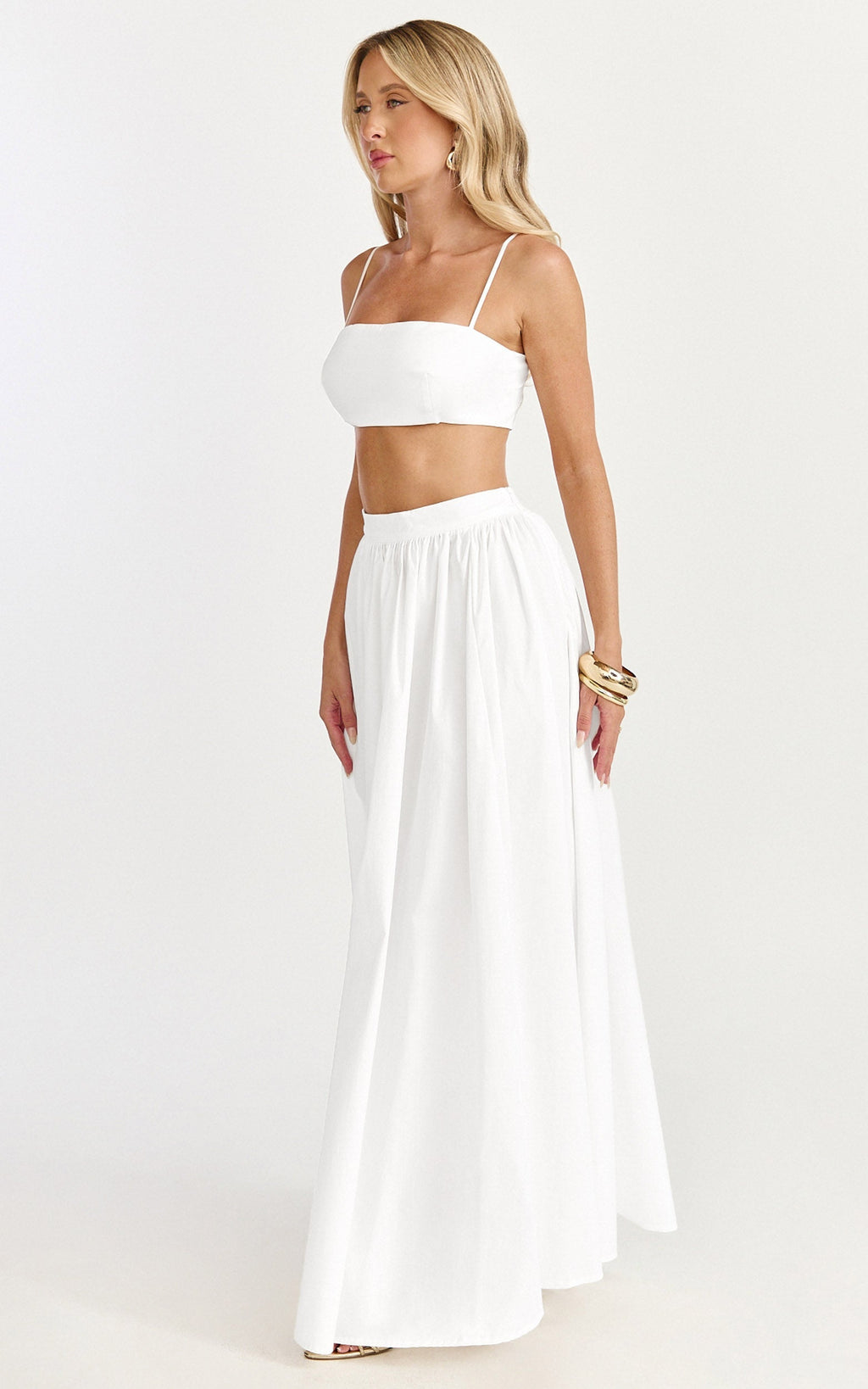 Tegan Two Piece Set - Straight Neck Micro Crop Top and A Line Maxi Skirt Set in White