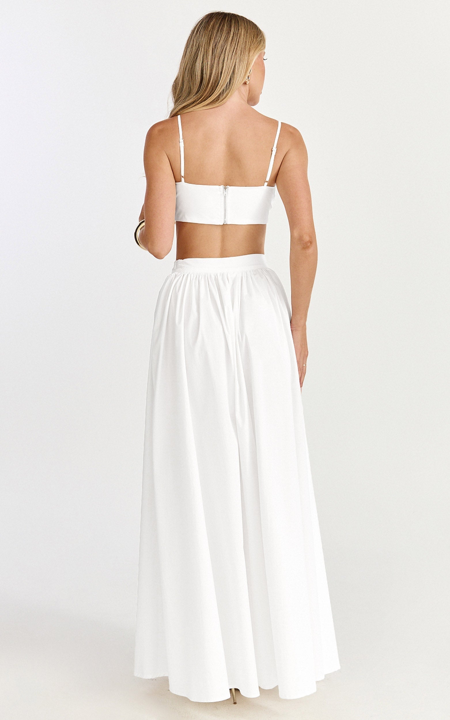 Tegan Two Piece Set - Straight Neck Micro Crop Top and A Line Maxi Skirt Set in White