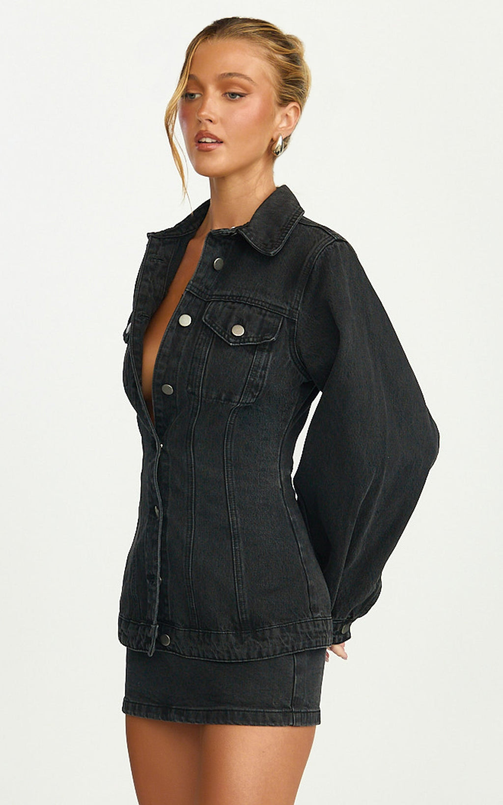 Tianna Jacket - Long Sleeve Contoured Recycled Denim Jacket in Washed Black