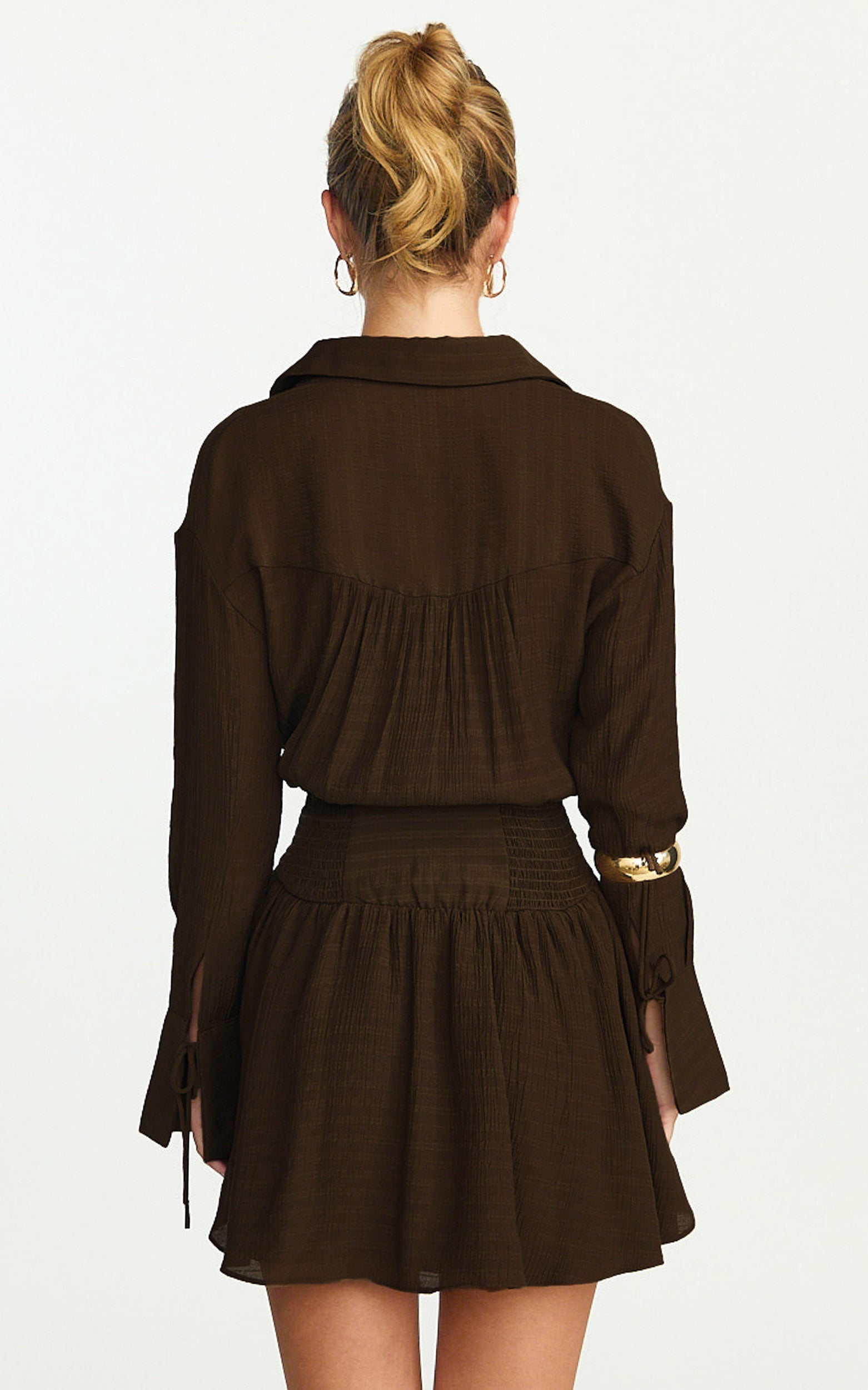 Valerie Mini Dress - Collared Long Sleeve Waist Shirt Dress in Chocolate