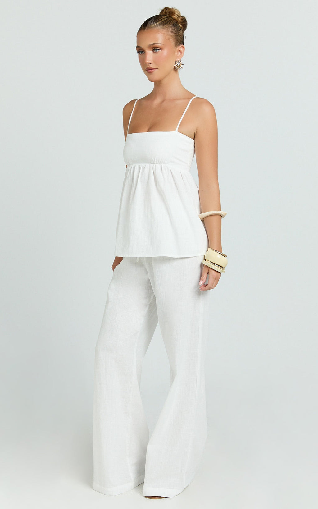 Valerie Two Piece Top and Pants Set - Baby Doll Top And Relaxed Pants Set in Off White