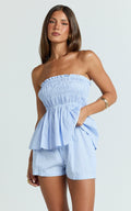Veronica Two Piece Set - Strapless Peplum Top and Elastic Waist Band Short Set in Blue Stripe