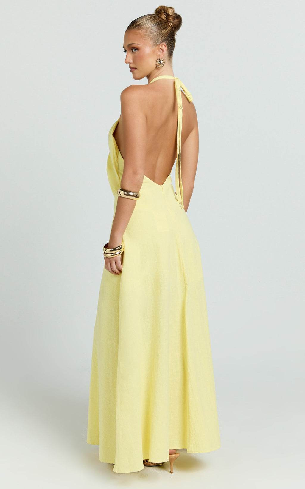 Violetta Maxi Dress - Backless Linen Look Hater Neck Dress in Lemon