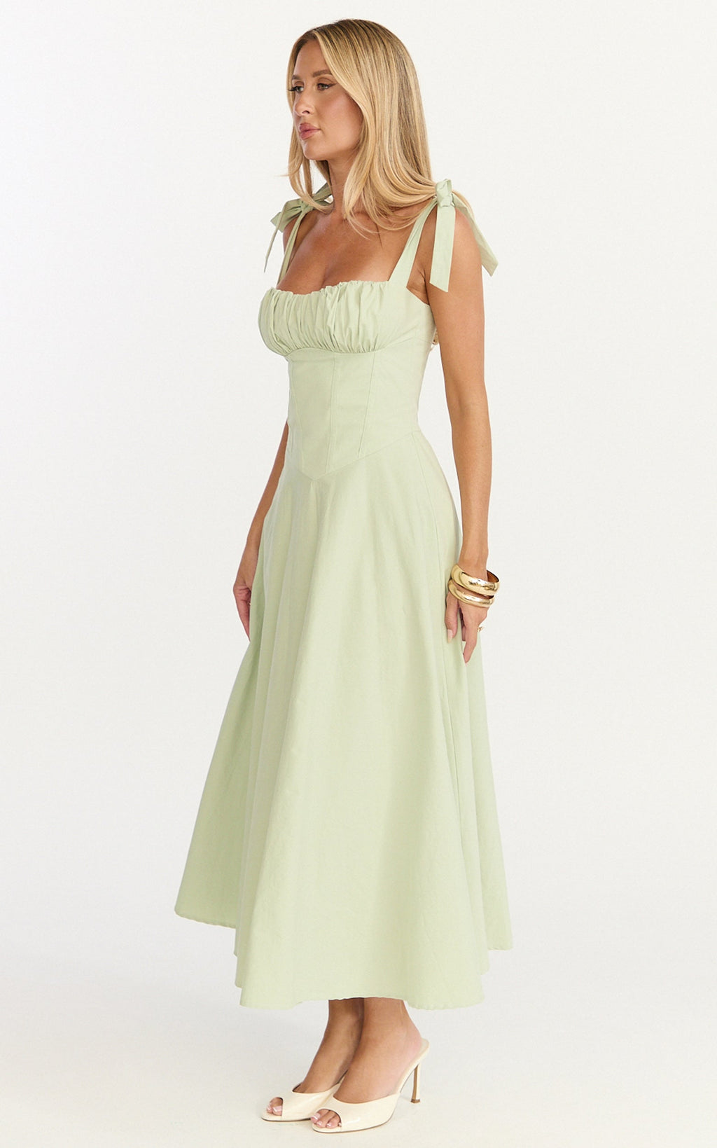 Vionette Midi Dress - Halter Neck Ruched Bust Corset Dress in Sage