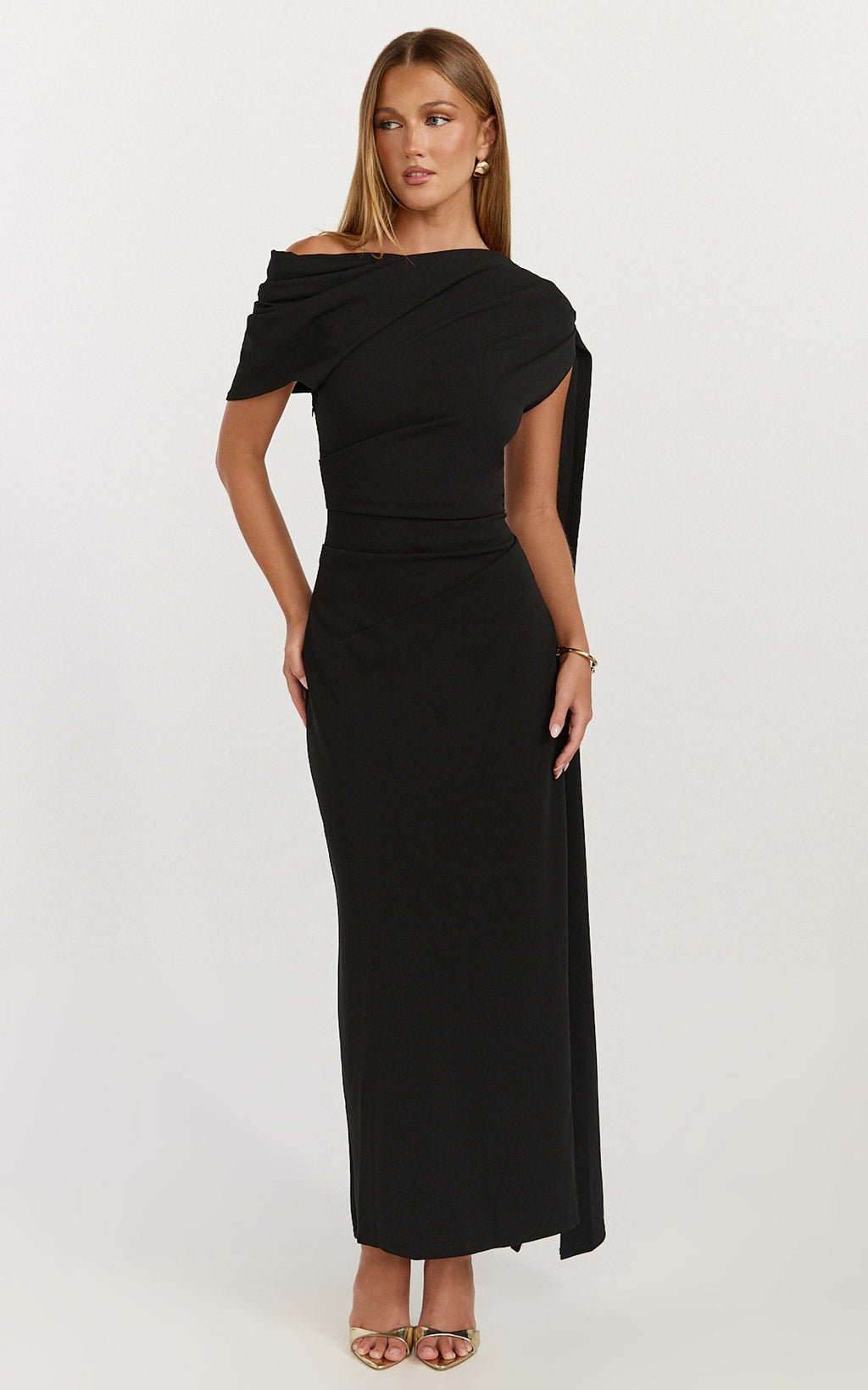 Visenta Midi Dress - Asymmetrical Sleeve Dress in Black