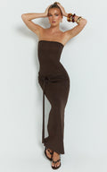 Viviana Maxi Dress - Knit Strapless Tie Waist Maxi Dress in Chocolate