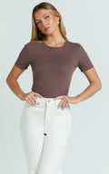 Whitney Tee Shirt - High Crew Neck in Chocolate