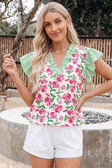 Floral Print Striped Ruffle Trim V Neck Blouse