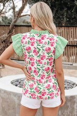 Floral Print Striped Ruffle Trim V Neck Blouse