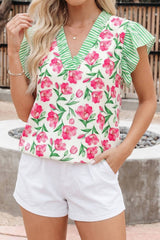 Floral Print Striped Ruffle Trim V Neck Blouse
