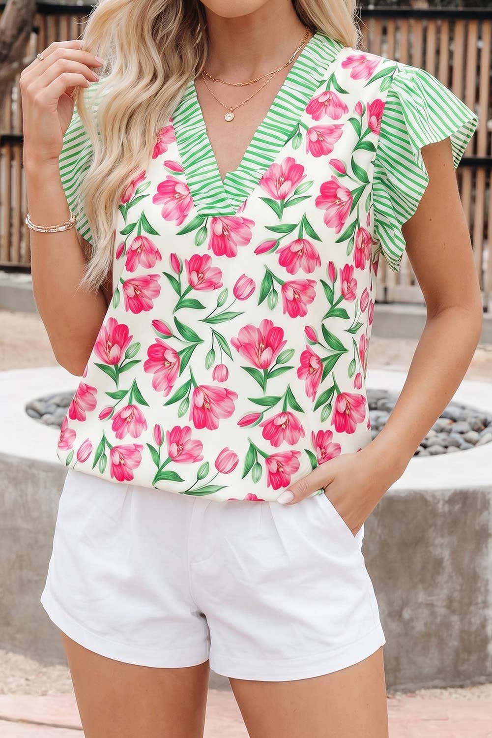 Floral Print Striped Ruffle Trim V Neck Blouse