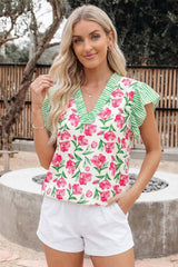 Floral Print Striped Ruffle Trim V Neck Blouse