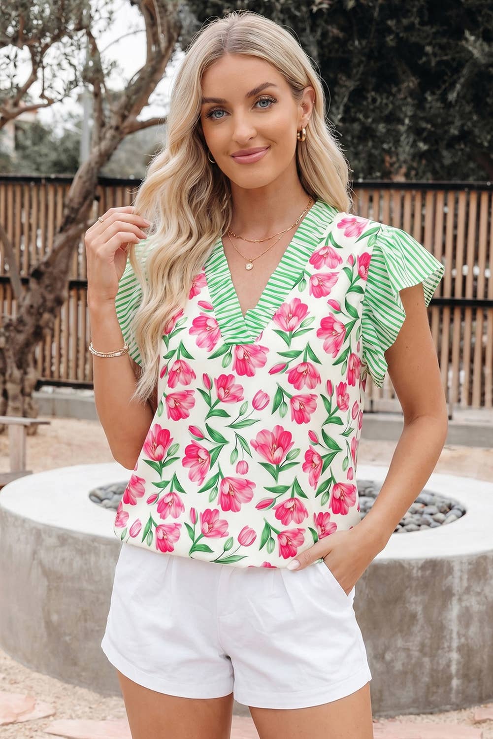 Floral Print Striped Ruffle Trim V Neck Blouse